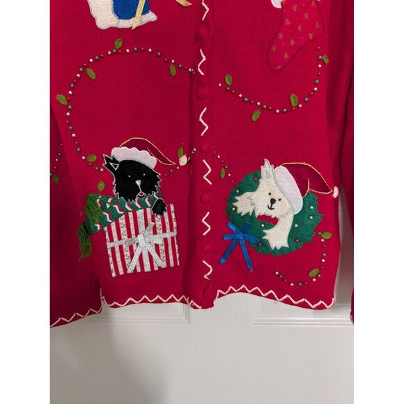 Studio Joy Dog Christmas Cardigan Womens Size Large Red Beaded Sweater - Picture 3 of 14